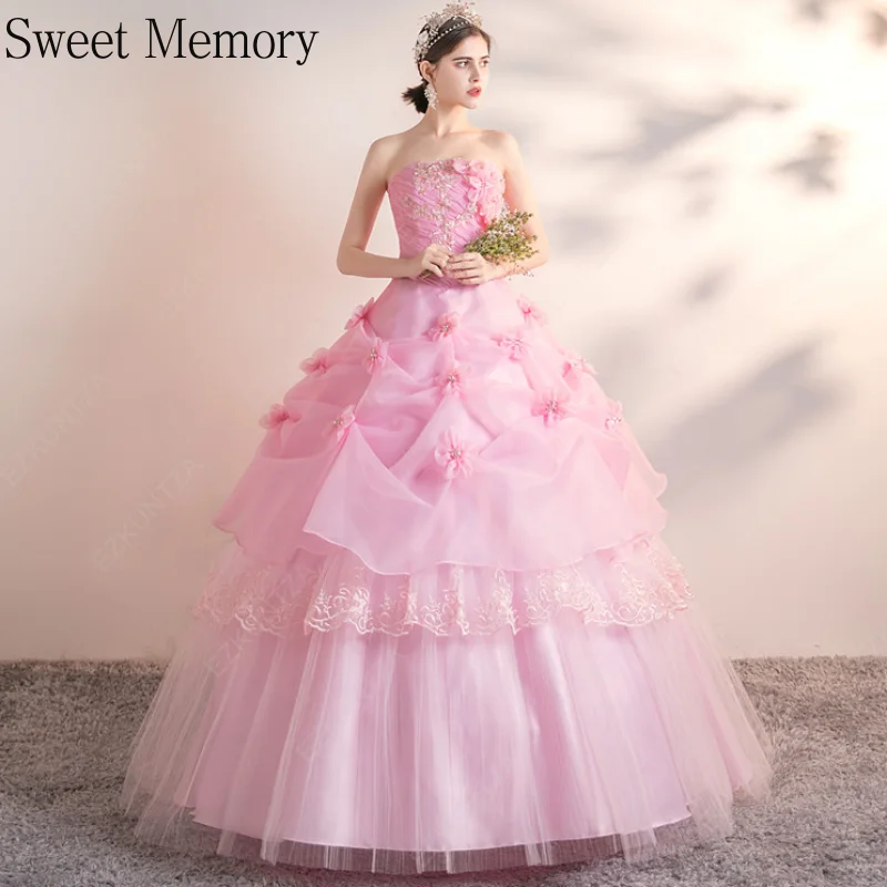 

Sweet Memory 2021 Pink Red Appliques Lace Up Wedding Dress Princess Quinceanera Dresses Strapless Party Performance Robe