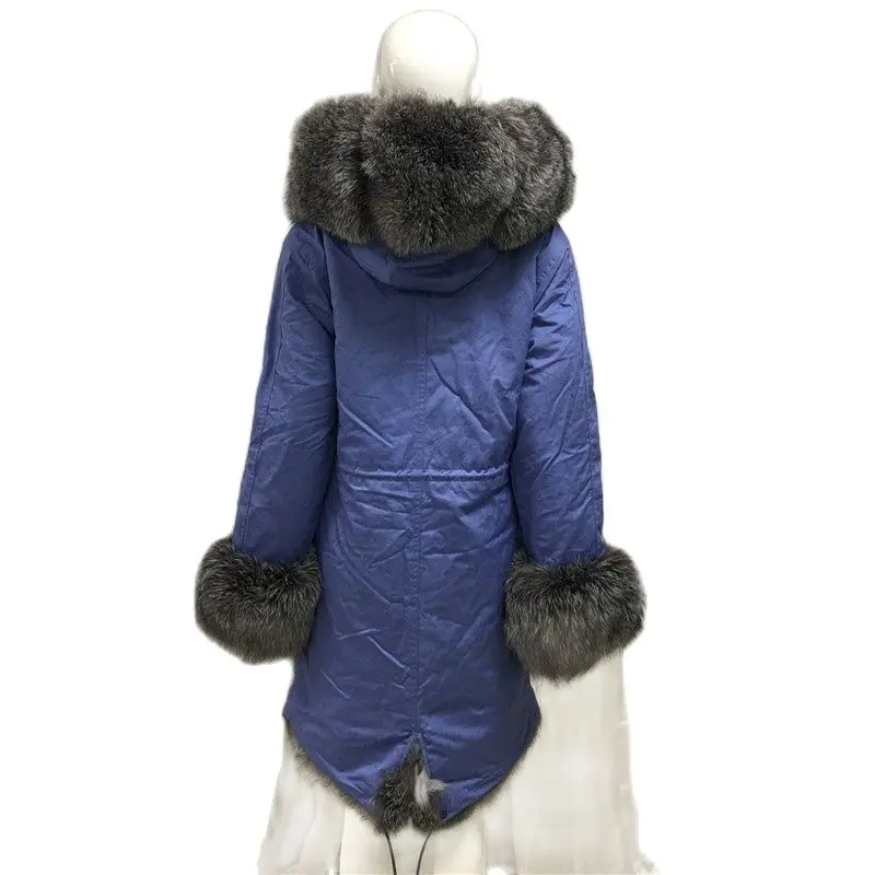 Nouveau Bleu Femmes Manteau Argent Fourrure De Renard Veste Noble Femmes Y-Avec Hoodies Fermeture Éclair S-4XL