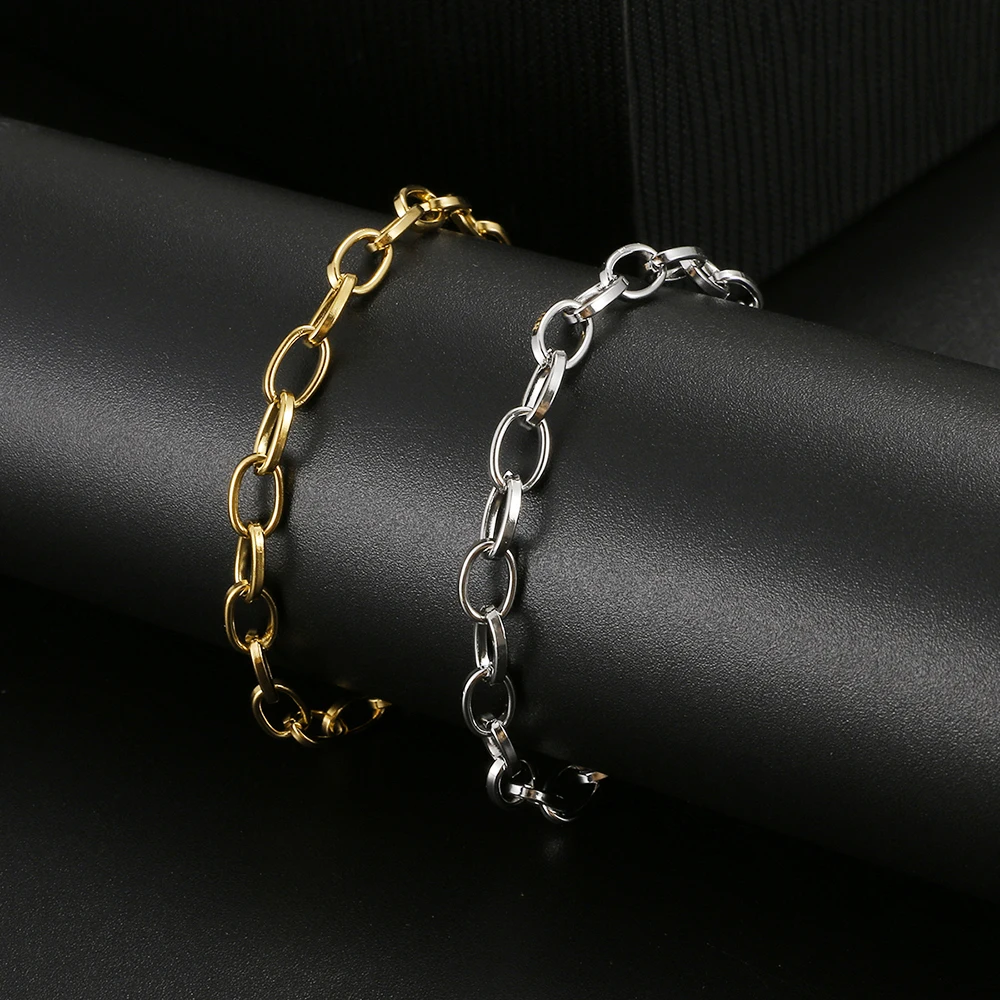 Stainless Steel Bracelets Hot Fashion Flat Chain Hip Hop Punk Gold Silver Color Men Chain Charm Bracelet For Women Jewelry Gifts