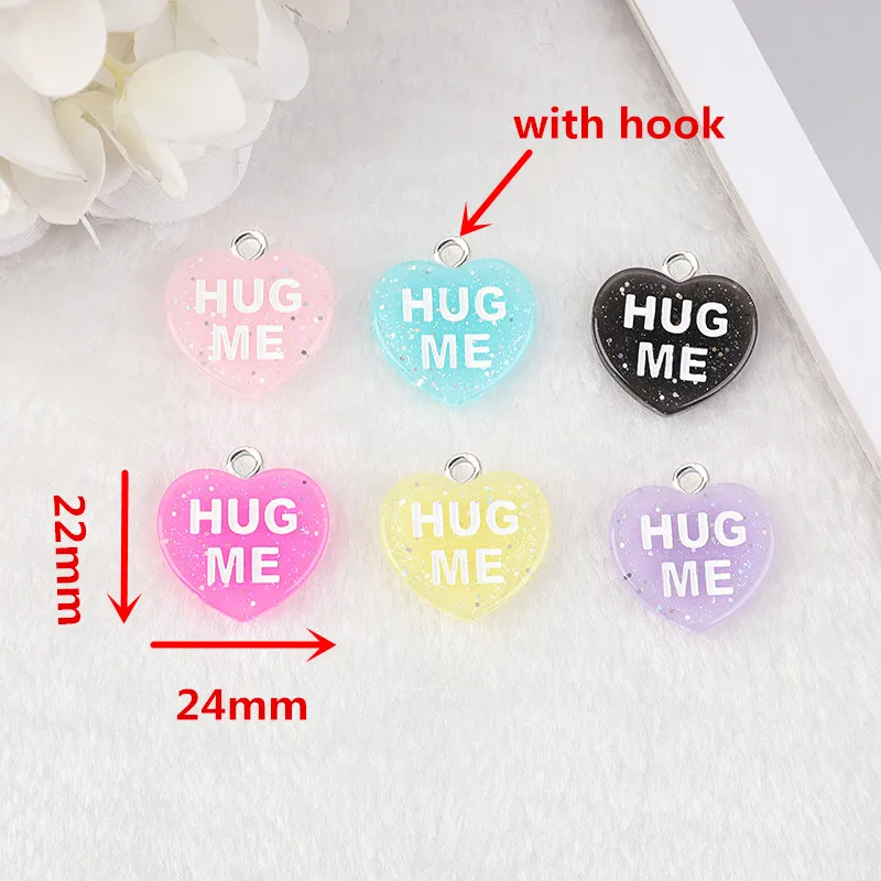 16 Pcs 22*24 MM Glitter Resin Heart Charms ONE KISS HUG ME Flatback Cabochons Pendants for Earrings Necklaces Diy Making