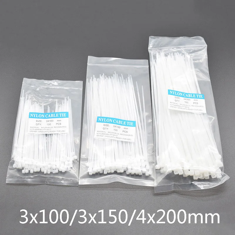 100 Pcs Nylon Cable Self-locking Plastic Wire Zip Ties Set 3*100/3*150/4*200 MRO & Industrial Supply Fasteners & Hardware Cable