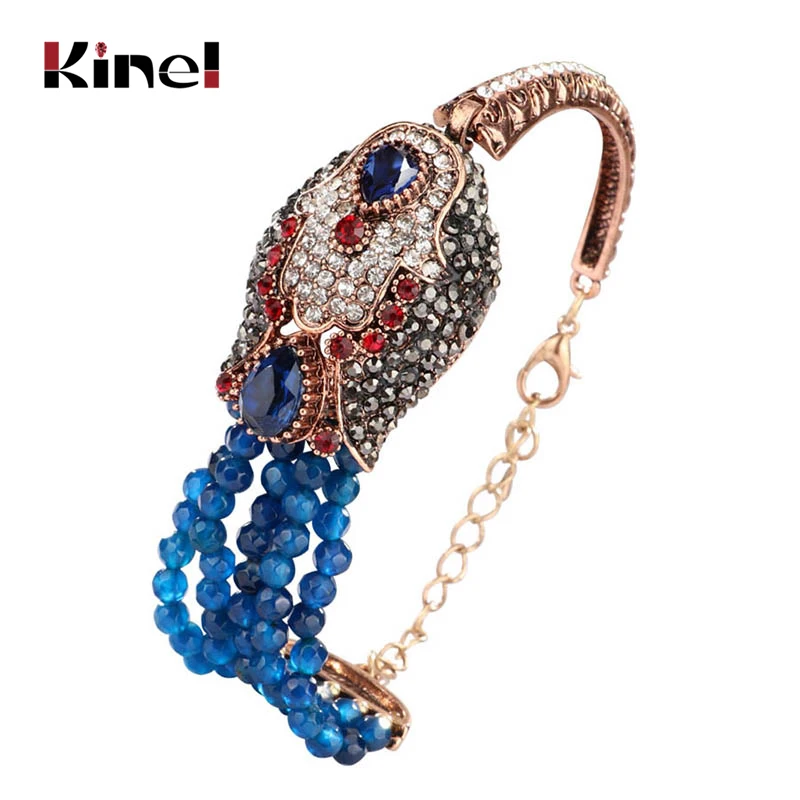 Kinel Natural Stone Crystal Beads Bracelet For Women Antique Gold Covered With Crystal Blue Punk Rock Bracelet Gift