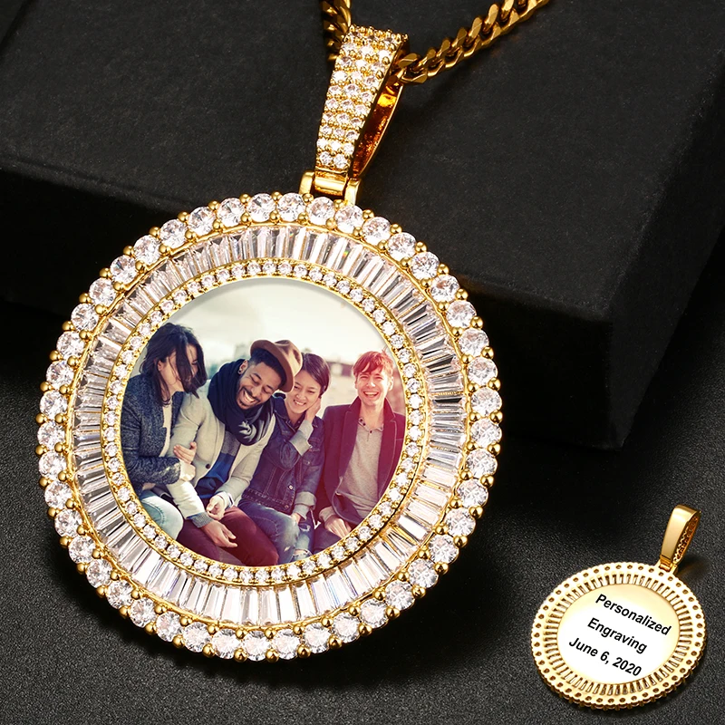 Round Iced Out Baguette Custom Photo Pendant Necklace For Men Hip Hop Jewelry Pendant PersonaliZed Engraved Name Gift