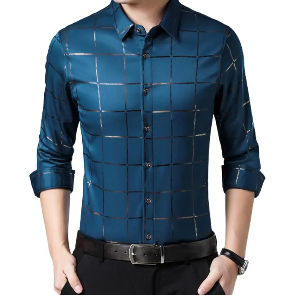 Camisa masculina fina de cetim xadrez com gola virada, sem ferro, casual, camisa de negócios para homens