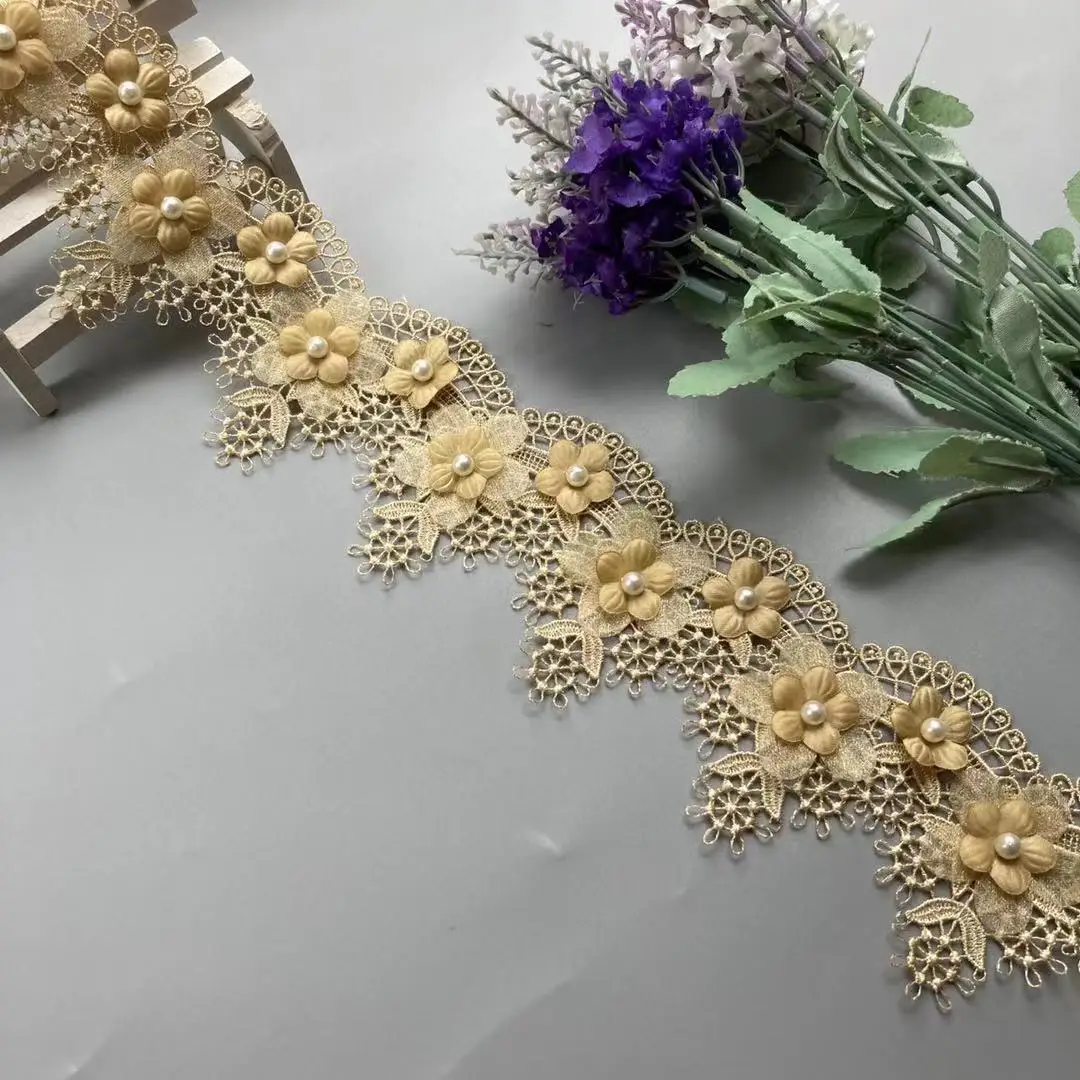 3 Yards 7 CM Gold Flowers Pearl Lace Trim Ribbon Embroidered Knitting Wedding Dress Handmade Patchwork Sewing Supplies Crafts