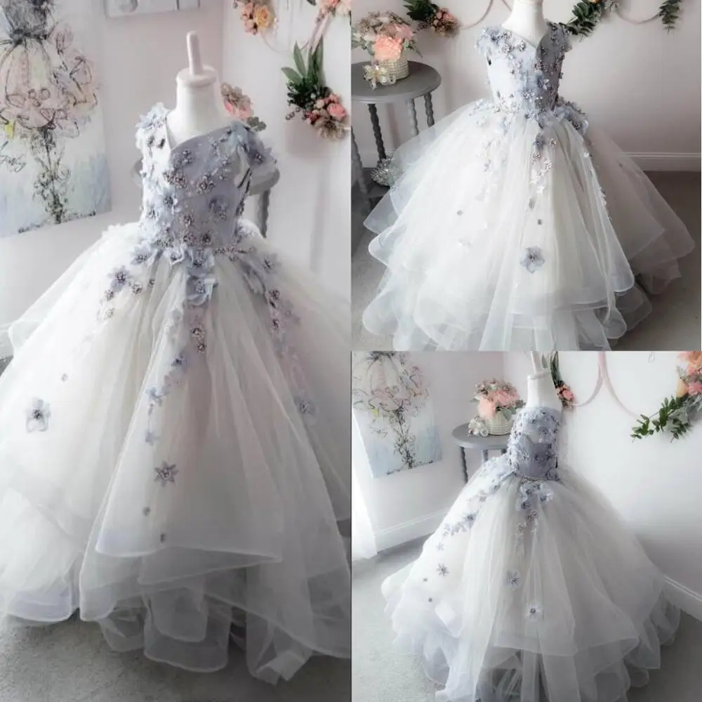 2020 Real Image Flower Girl Dresses for Wedding Lace Beads 3D Floral Appliqued Little Girls Pageant Dresses Party Gowns Princess