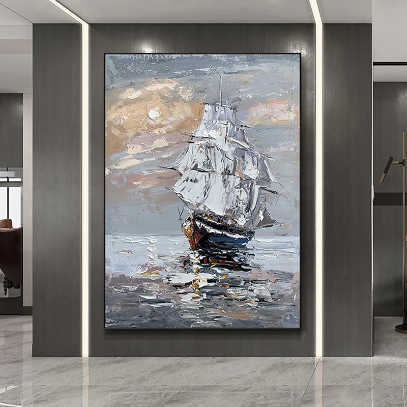 Hand Painted Oil Painting Sailboat Abstract Knife Canvas Painting Thick Textured Canvas Art Home Wall Decorative Painting Office