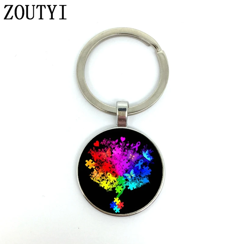 New/Autism awareness photo, male and female keychain quality car key pendant, convex glass keychain.