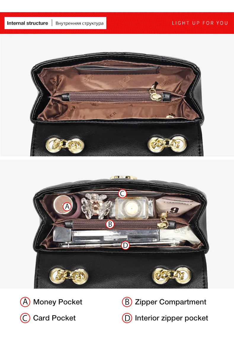 FOXER Damen-Umhängetasche aus Spaltleder mit Kettengurt, Elegante Klassische Crossbody-Tasche mit Rautenmuster, Damen-Messenger-Taschen – Detail 12