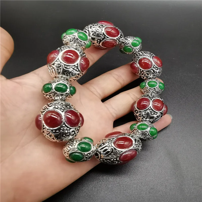 China Old Tibetan Silver Inlaid Green And Red Colour Jade  Bead Hand String Bracelet