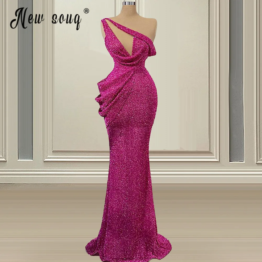 

Pink Mermaid Evening Dress 2024 Beaded Sequined One Shoulder Celebrity Dresses Ruffles vestido de festa real photos Custom Size