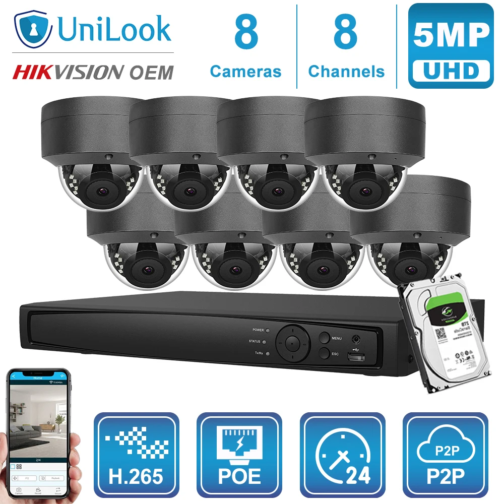 

UniLook 8CH NVR 4/6/8 шт Серый 5MP купольная POE IP камера NVR комплект CCTV система безопасности ночное видение открытый H.265 P2P