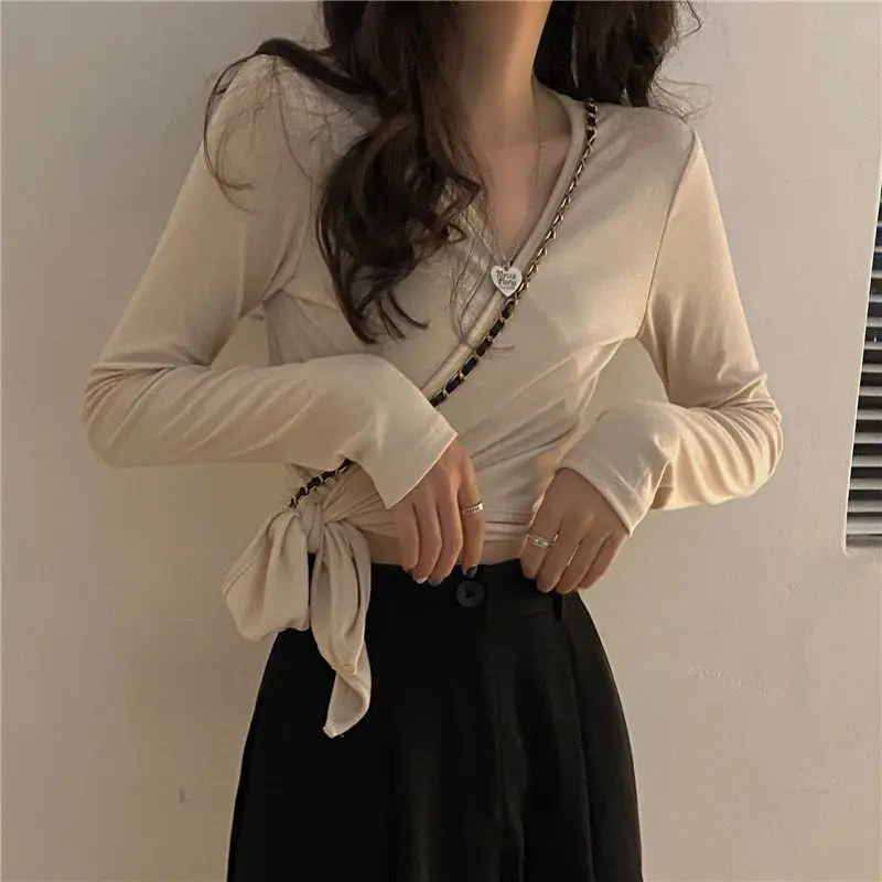 Long Sleeve T-shirts Women V-neck Slim Sexy Solid All Match Summer Sun Proof Fashion Korean Style Cropped College Tops Daily Ins