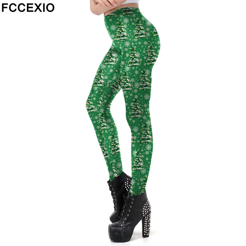 FCCEXIO Christmas Leggings Women Workout Fitness Xmas Tree Printing Slim Leggins Snowflake New Year Pants Gift For Girls