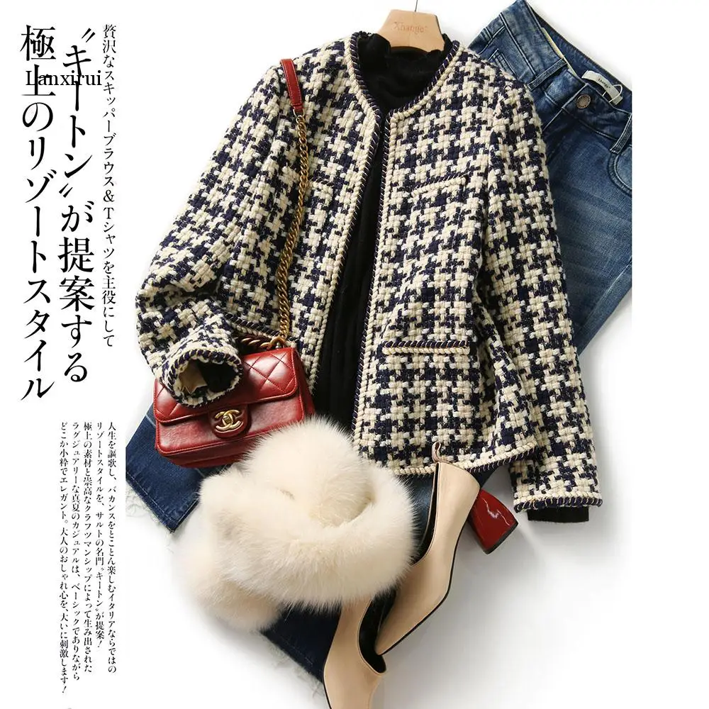 

Chic Korea Elegant Retro Round Neck Plaid Single-breasted Coat Loose Pockets Long Sleeve Tweed Short Jacket Women Korea