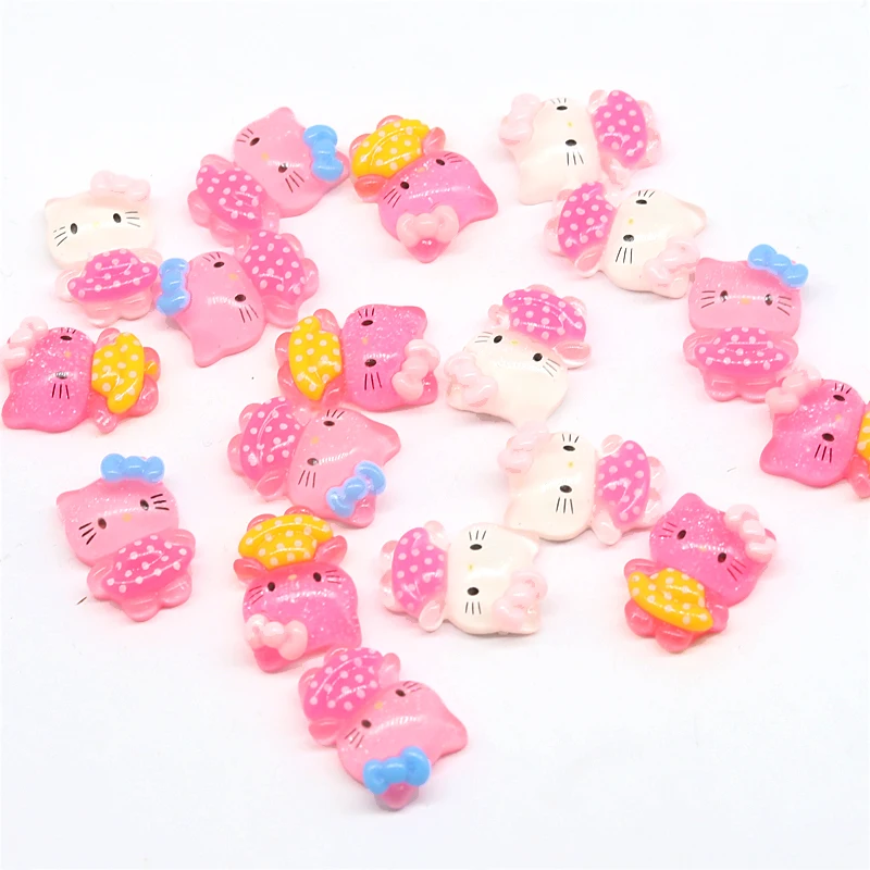 200pcs 21*15MM Kawaii Kitty Resin Flat Back Cabochon Wave Skirt With Polka Dots Kitty DIY Scrapbook Phone Decor Accessories