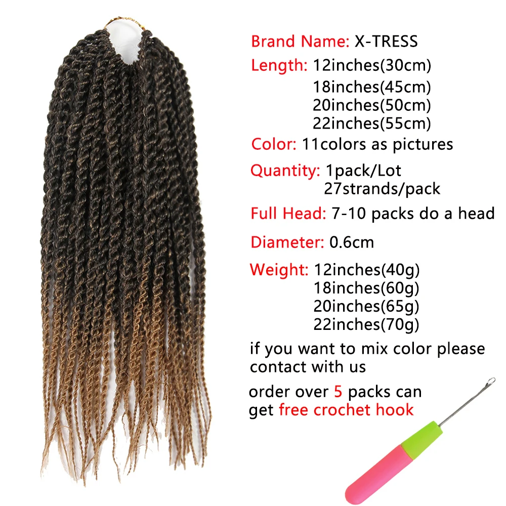 Synthetic Senegalese Twist Braiding Hair Extensions X-TRESS Ombre Brown Color  Low Temperature Fiber Pre Looped Crochet Braids