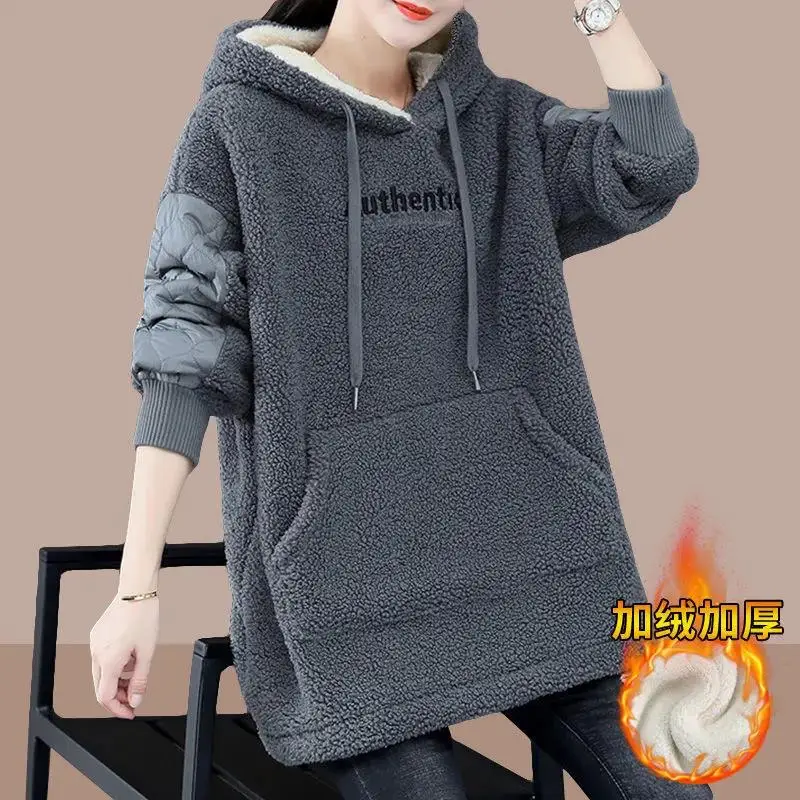 Lamb Wool Hoodies Women Autumn Winter Hoodies Loose Hooded Pullover Mid-Length Add Velvet Thick Polar Fleece Jacket Female Tops