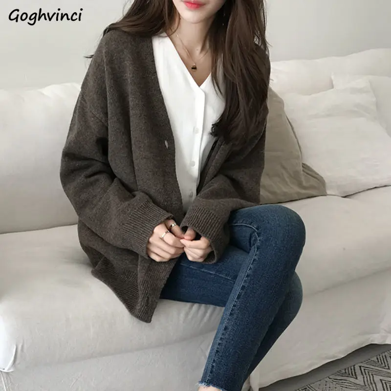 Sweaters Women Autumn Solid Single Breasted Cardigans V-neck Leisure Warm Loose Female Jumpers Knit Korean Simple Outwears Retro