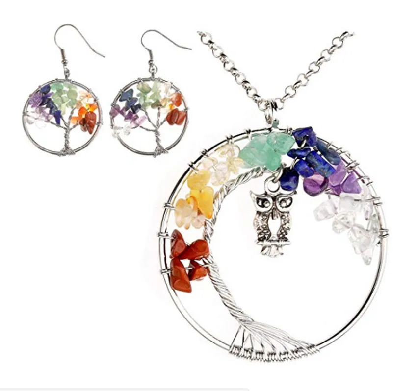 

FYJS Unique Silver Plated Wire Wrap Tree of Life with Wisdom Owl Pendant Animal Necklace Rainbow Stone Earrings Jewelry Sets