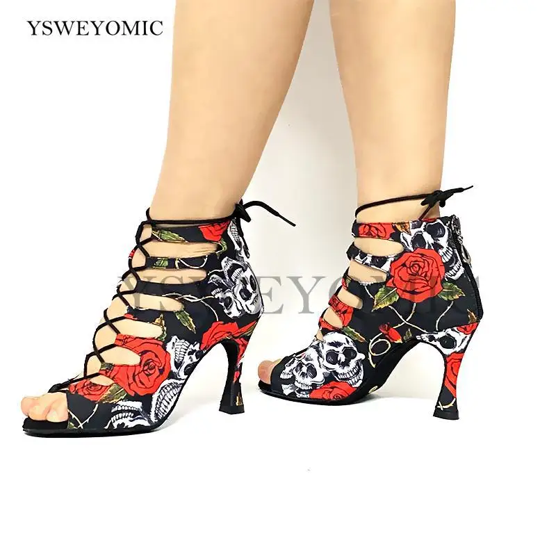 2021 Spring Summer Style Salsa Bachata Dance Shoes Girls Halloween Skull Latin Dance Boot 9cm Heel Women Latin Dance Shoes