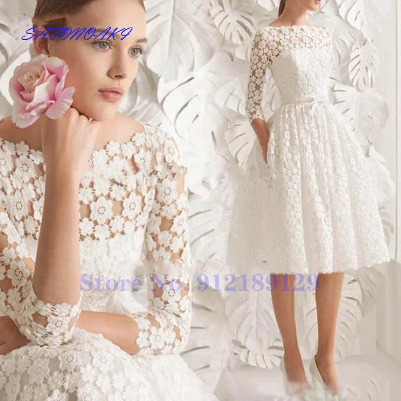 Vestidos De Novia Elegant Lace A-Line Short Wedding Dress 2024 Scoop Neck Knee Length Long Sleeve Simple Bride Gown Robe Mariée