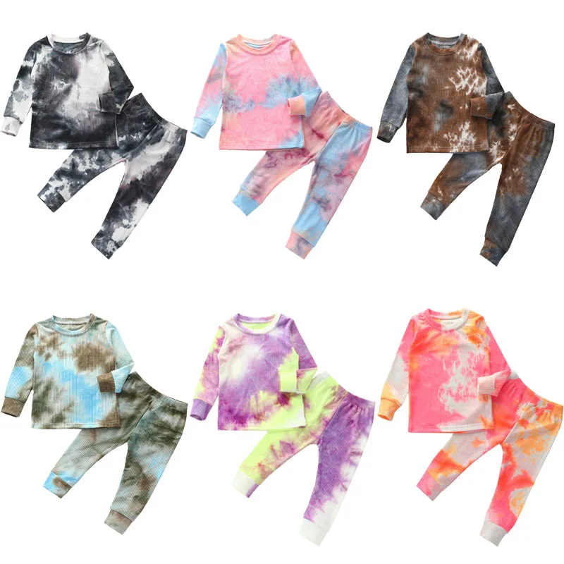 

Fashion Tie Dye Pajamas Sets Long Sleeve T-shirt+Pants Trousers Ribbed Knitted Girls Clothing Sleepwear Autumn Toddler Baby Boys
