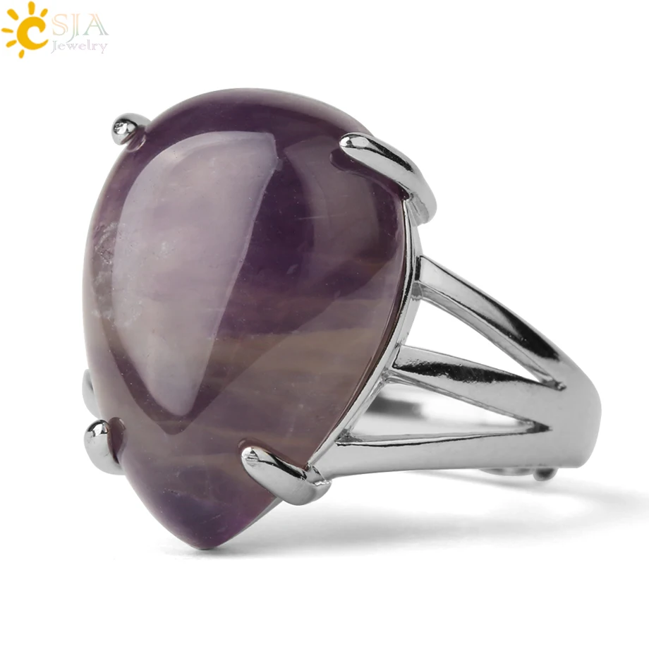 CSJA Water Drop Crystal Rings Natural Stone Ring for Girl Ametist Purple Rose Pink Quartz Green Aventurine Proposal Jewelry G689