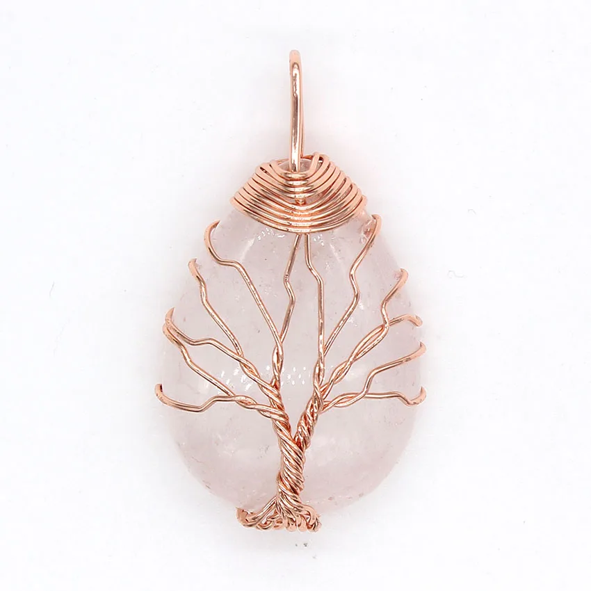 Wire Wrapped Tree Life Chakra Reiki Water Drop Natural Healing Purple Crystal Rose Pink Quartz Stone Pendant Women Men Jewelry