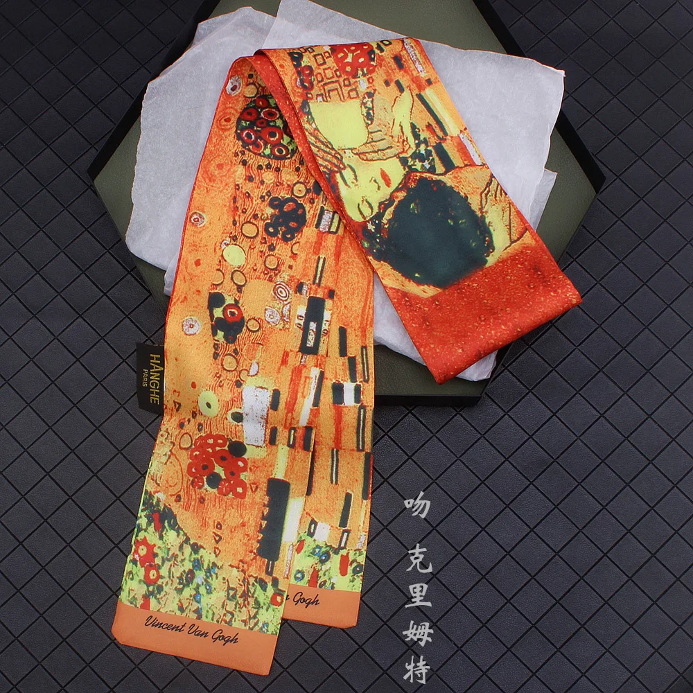 New Design Bag Scarf Van Gogh Oil Painting Print Skinny Silk Scarves Fashion Tie Hair Band Headband Ladies Headscarf Scarf Women