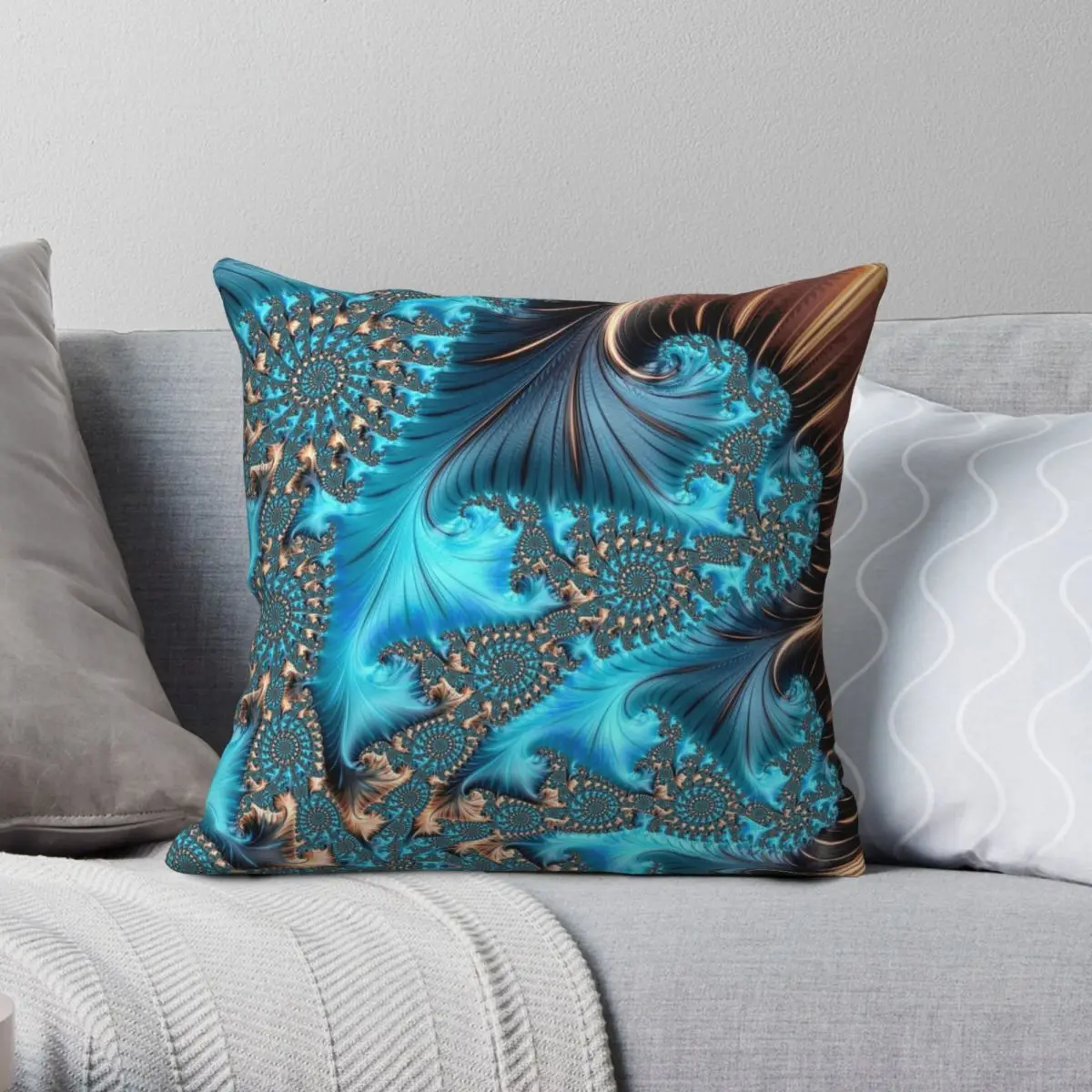 Elegant Copper And Teal Fractal Square Pillowcase Polyester Linen Velvet Pattern Zip Decor Pillow Case Home Cushion Case