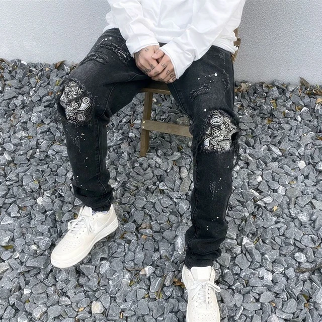 Cashew Flower Patch Fake Hole Ripped Jeans Mens Autumn Retro Vintage Black Blue Jeans High Street Slim Skinny Jeans Pencil Pants Casual Pants AliExpress