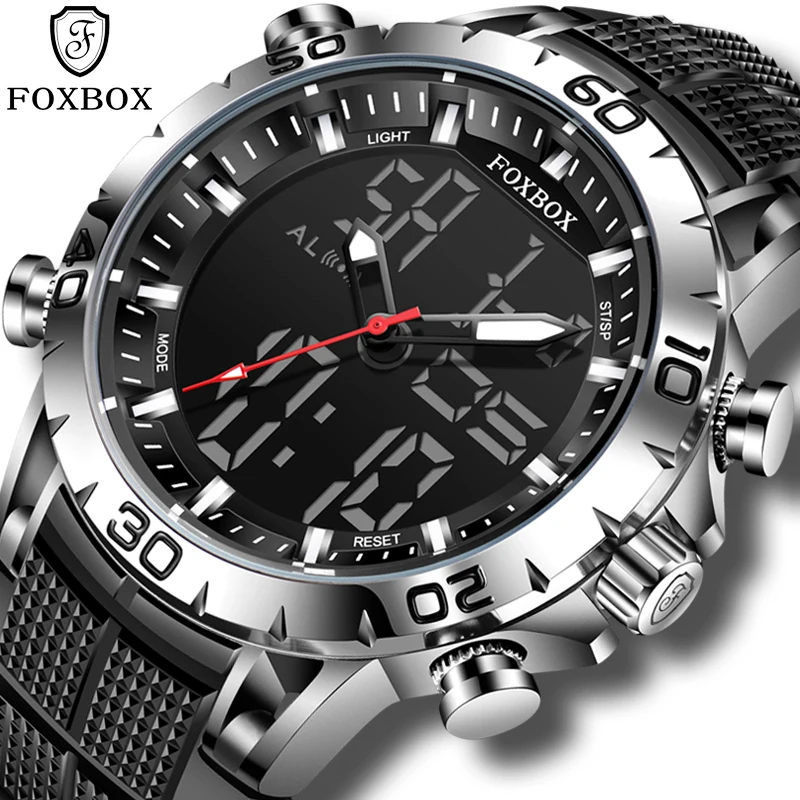 FOXBOX Sport Mens Watches Top Brand Luxury Dual Display Quartz Watch For Men Military Waterproof Clock Digital Electronic Watch