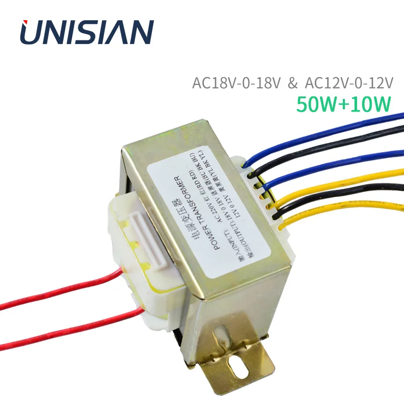 UNISIAN 60W EI Power Transformer Double AC18V 50W AC12V 10W Copper Power Supply Transformer For LM1875 Amplifier