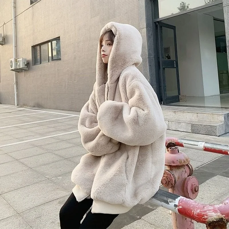 Fleece Jacket Winter Coat for Women Loose Women\'s Artificial Rabbit Fur Long Coat Casual Keep Warm Cotton Hooded Plush Jacket