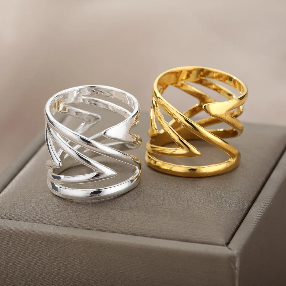 Stainless Steel Rings For Women Men Gold Color Open Long Hollow Full Finger Ring Male Female Engagement Wedding Party Jewelry