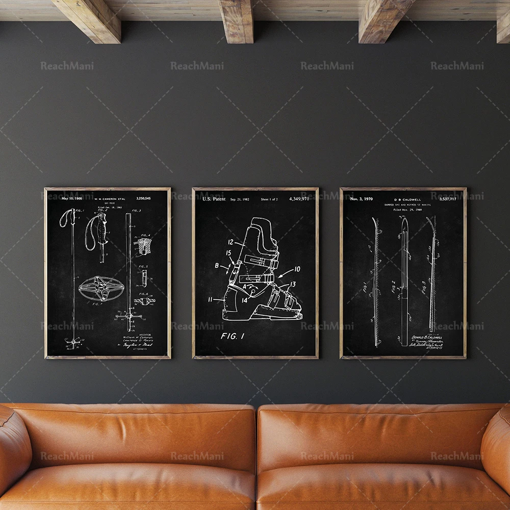 Ski Patent Art Set of 3, Winter Sports Art, Ski Pole Poster, Boots Decor, Sports Activity