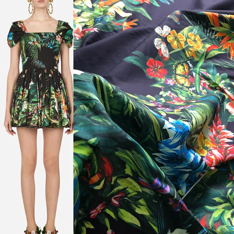 Tropical Plants Parrot Printed Poplin Cotton Fabric For Sew Woman's Summer Dress DIY Cloth Sewing Material Europe and America