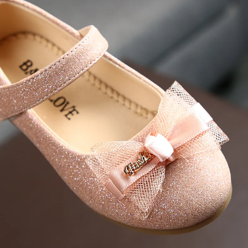 Kids Flats For Girls Shoes Toddlers Little Girl Children Dress Shoes Glitter Leather With Lace Bow-knot Princess Wedding Shoes