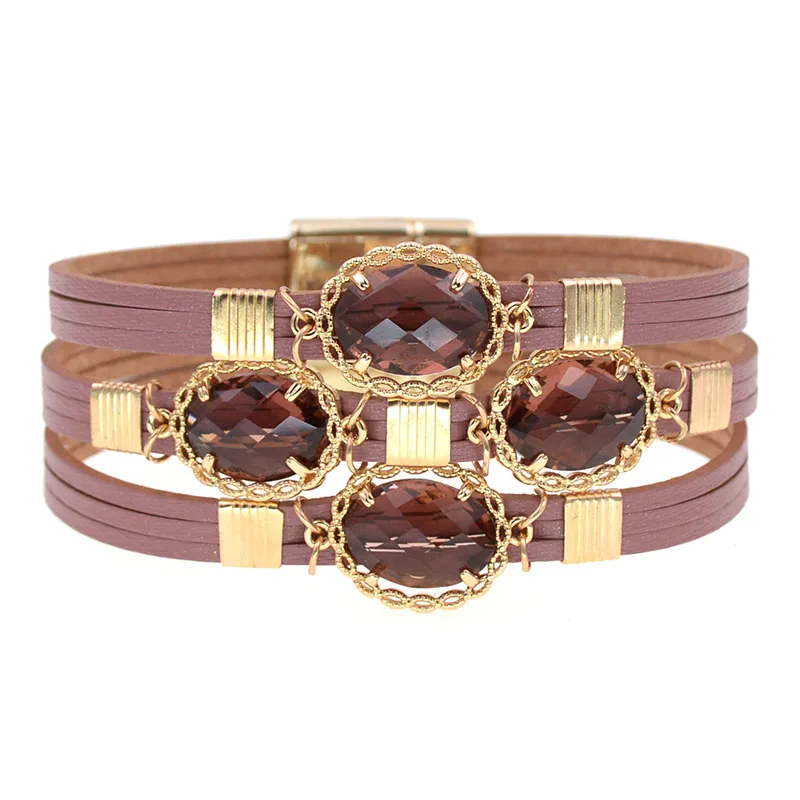 WELLMORE women bracelet bohemia leather bracelets for women fashion glass charm bracelets & Bangles Female Jewelry