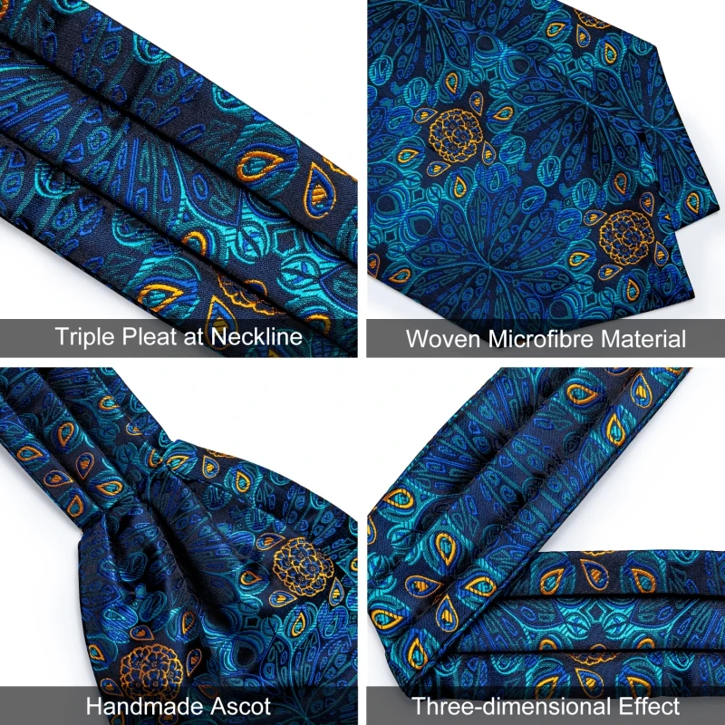 Men Luxury Ascot Tie Cravat Tie Handkerchief Cufflinks 3pcs Set Blue Paisley Floral Wedding Party Cravats Necktie