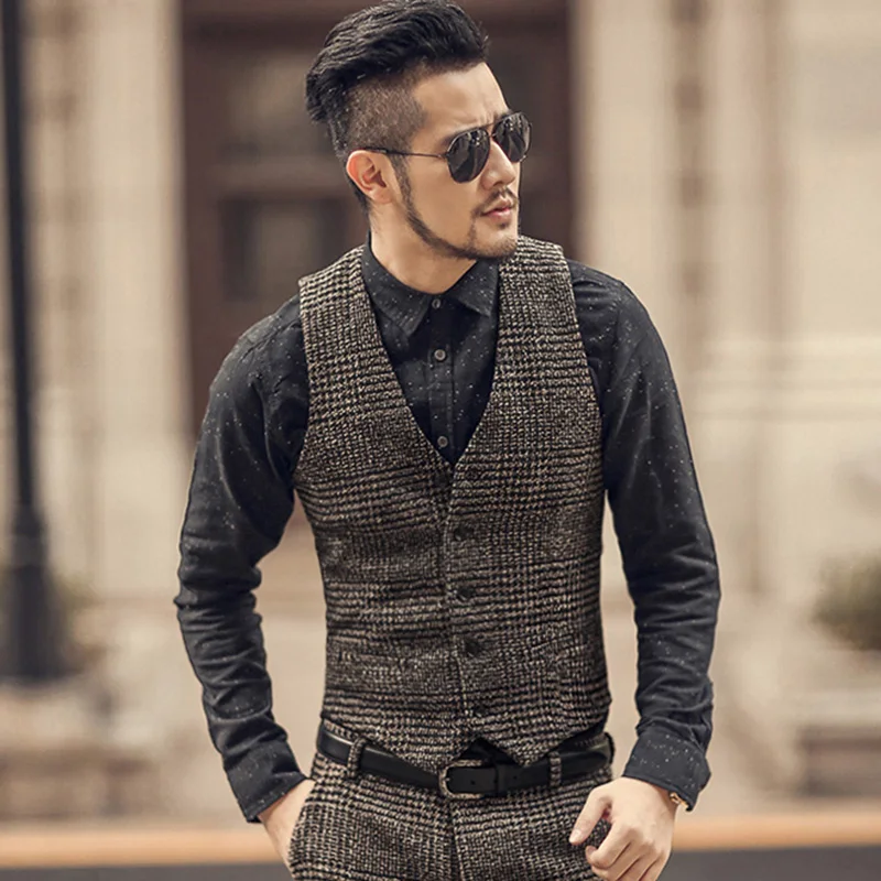 2020 Winter Men’s Vest Woolen Casual Plaid European Style Waistcoat Slim Fashion Groomsmen CoatFor Wedding