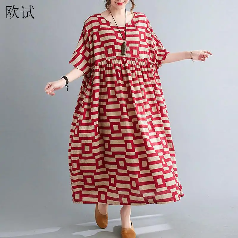 Oversized Red Plaid Vintage Summer Dress Women Oversize Ladies Dresses Long Cotton Casual Korean Dress Vestidos New Fashion 2023