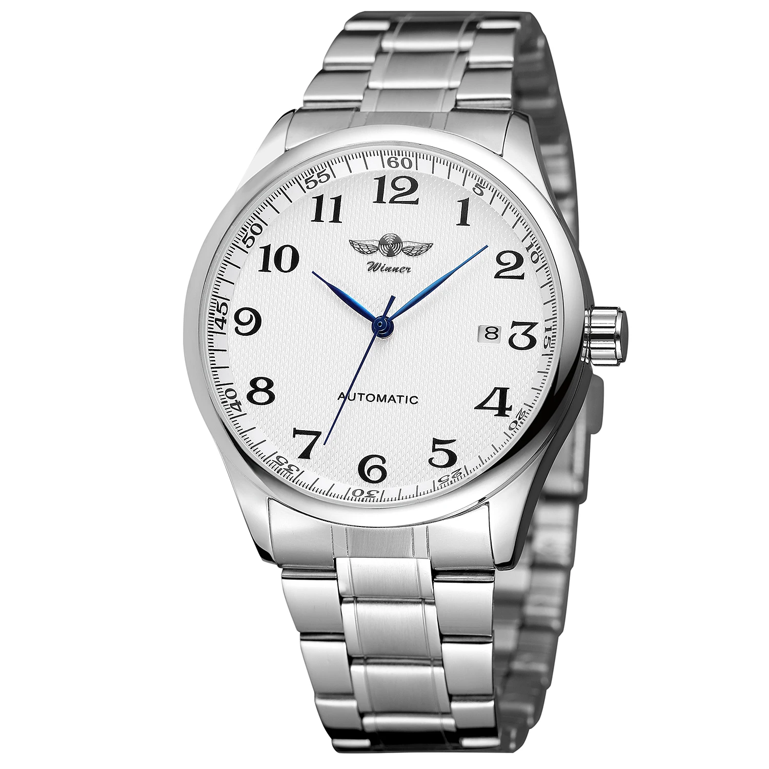 WINNER reloj mecánico automático para hombre y mujer, correa de acero inoxidable, esfera blanca, moda