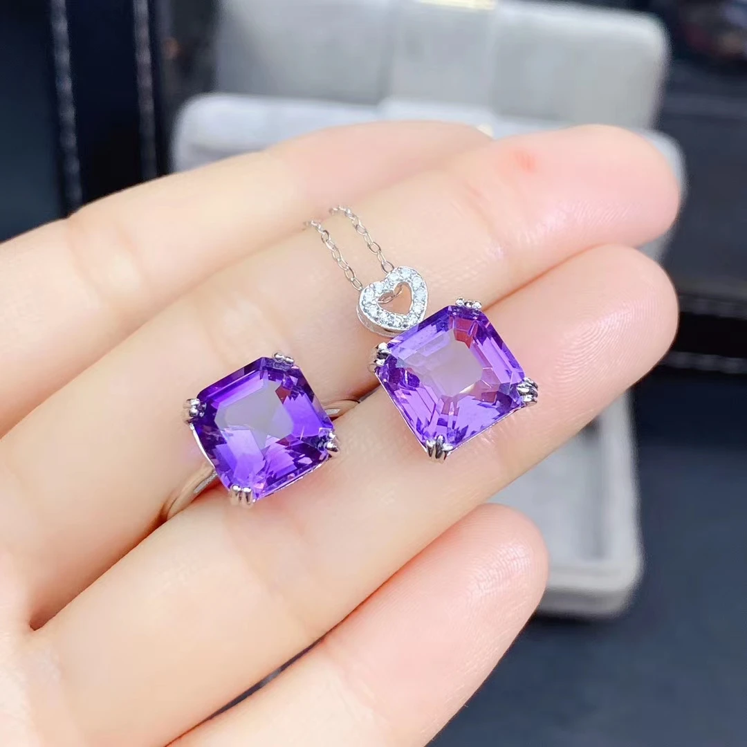 KJJEAXCMY fine jewelry 925 sterling silver inlaid natural natural Amethyst Girls' trendy square pendant ring Chinese style suit