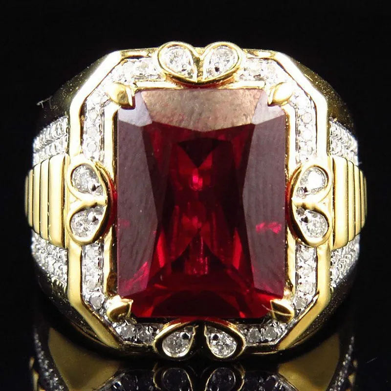 Big Square Red Crystal Ruby Zircon Diamond Gemstones Rings for Men Women 18k Gold Color Bague Jewelry Trendy Party Accessories