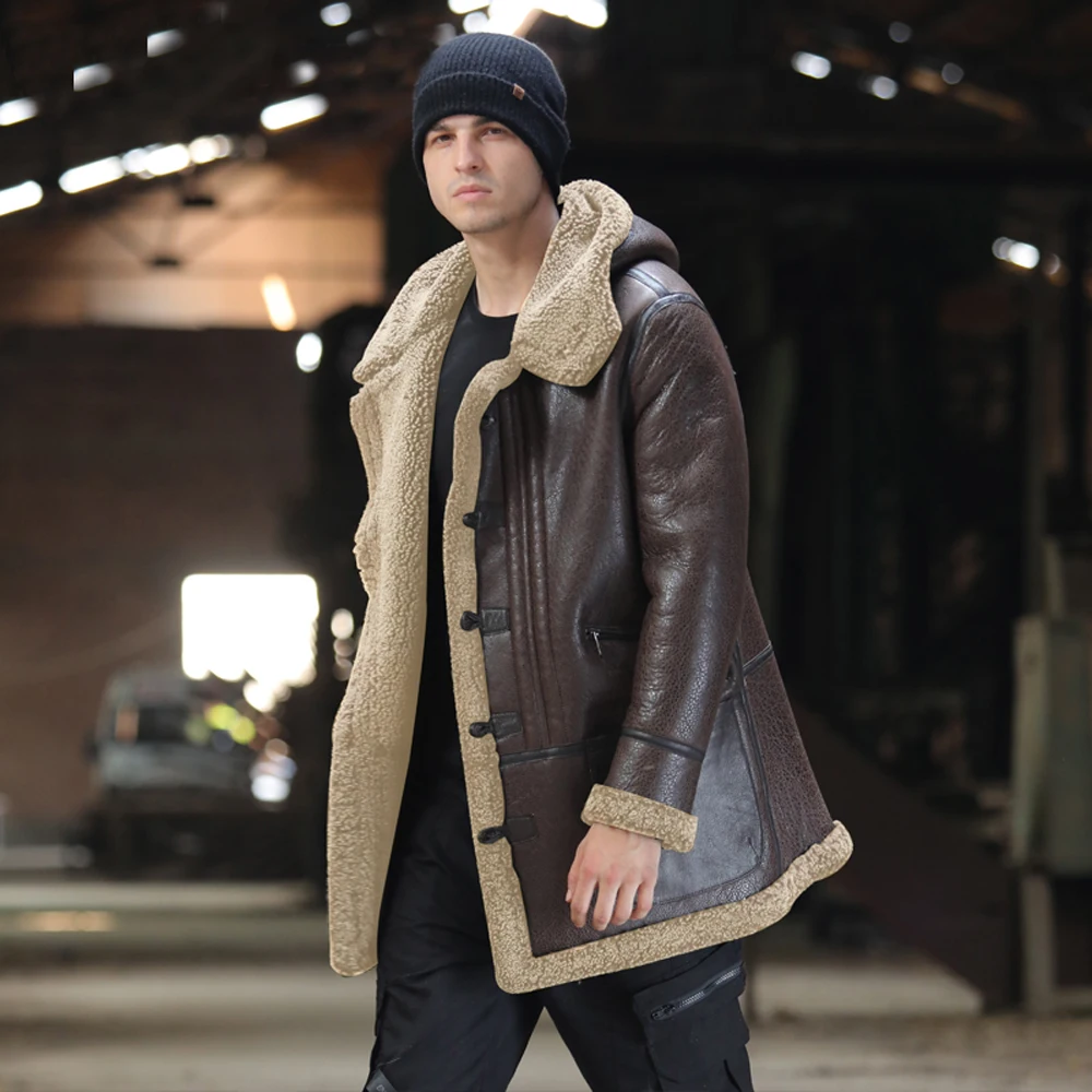 LUHAYESA Fashion Men's Sheepskin Coat Winter Thick Hood Real Fur Clothing Brown Warm Shearling Sheepskin Genuine Leather Outwear