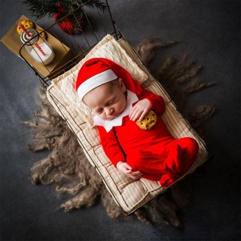 1Set Newborn Photography Props Baby Romper with Collar Long Tail Hat Set Jumpsuit Beanies Cap for Christmas Photo Shoots Costume