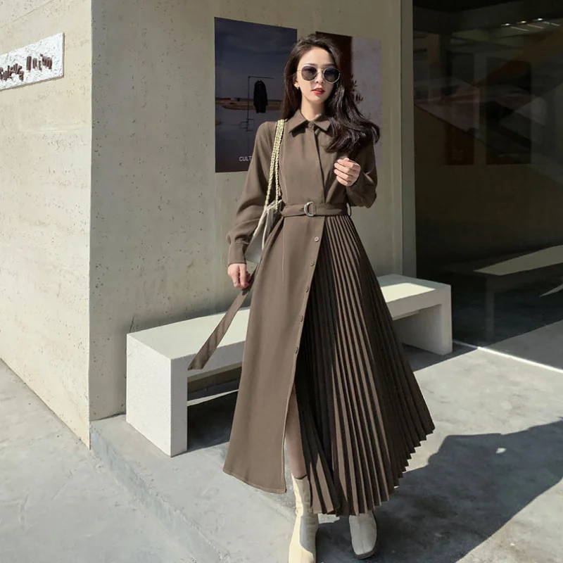 Women New Spring Casual Turn Down Collar Solid Color Long Sleeve Minimalist Pleated Long Dress