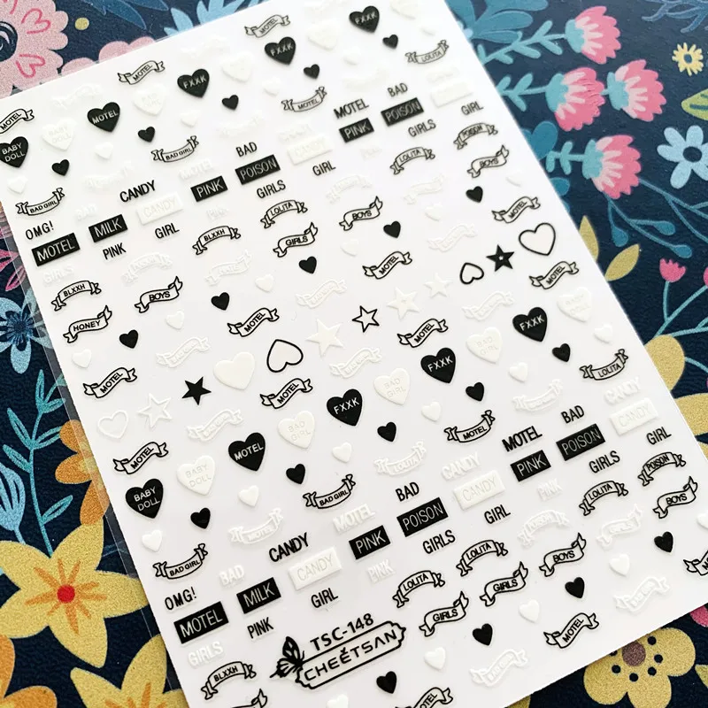 Newest TSC-147-148 Black and white English 3d nail art sticker nail decal stamping export japan designs rhinestones  decorations